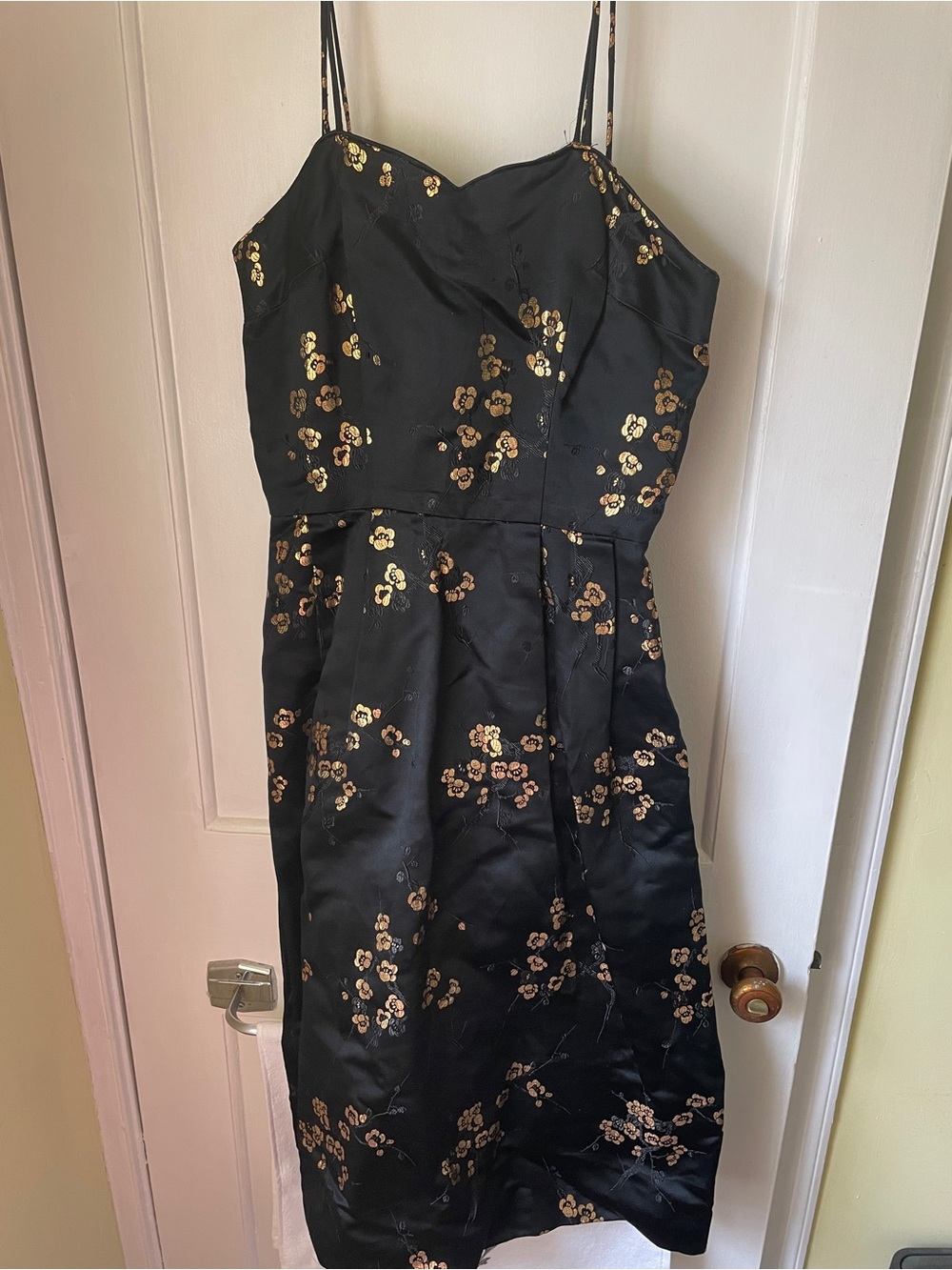 Vintage Black Floral Satin Spaghetti-Strap Dress